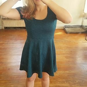 Green Square Necked Short Sleeved Floral Dress